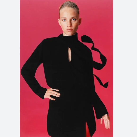 Zara Mini Dress Long Sleeve Buttons Neck Tie Black Y2K Academia Goth Size S - Picture 12 of 13